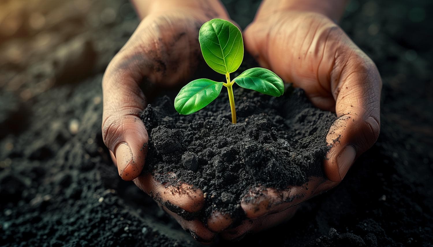 Hands holding rich organic compost and a vibrant green sprout